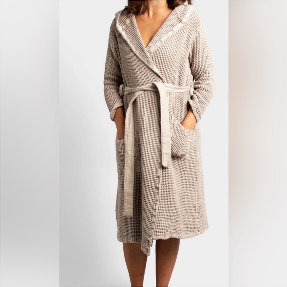 Casamera Women’s Robe 100% Egyptian Cotton Sz L Beige Comfy Lounging Minimalist - Picture 2 of 13